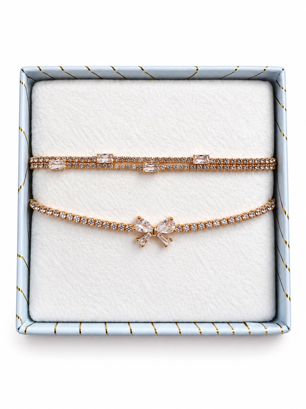 EyeCandy Los Angeles Gold CZ Coquette Bow Baguette Adjustable Bracelet Set of 2